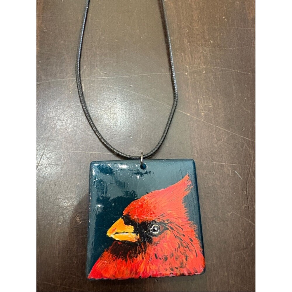 Hand Crafted Red Cardinal Pendant Necklace with Black Cord